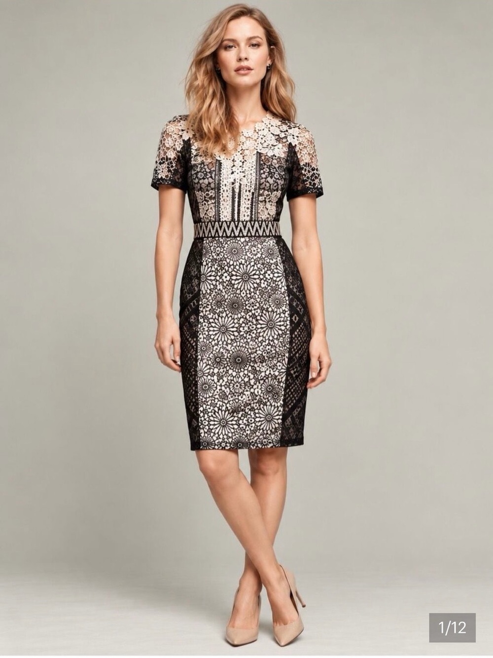 Byron Lars Black and Cream Floral Lace Sheath Dress, Sz 10